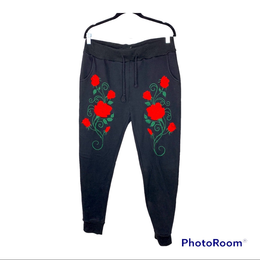 Mens red rose embroidered black joggers